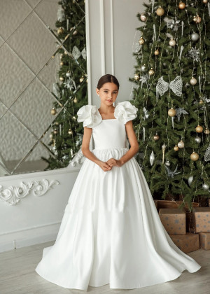 Ivory Satin Unique Flower Girl Dress Communion Dress